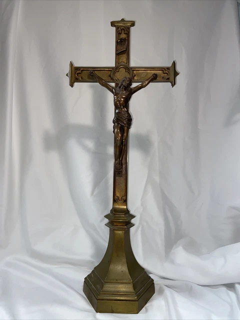 Large 26” Catholic Christian Jesus Brass Standing Altar Vintage Crucifix Cross