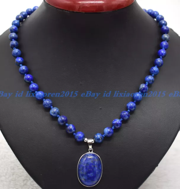 100% Real 8mm Blue Egyptian Lapis Lazuli Gems Beads Oval Pendant Necklace 18"AAA