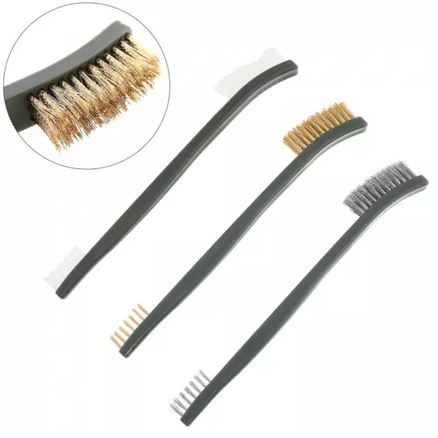 3x Small WIRE BRUSH SET Clean Brushes Steel Brass Nylon Metal Rust Paint Remover