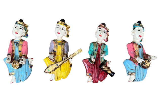 3 Burmese Temple Musicians Wall Plaques Hand Carved Wood Java Burma 7 In