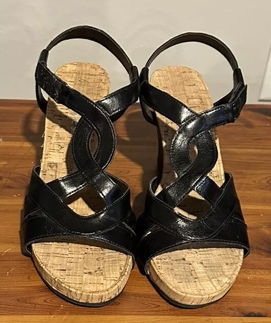 Aerosoles Black Wedge Strappy Sandals Cork, Size 8