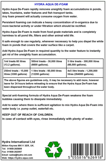 Hydra Aqua De-foam water Defoamer 1 litre treats up to 60,000 litres 3