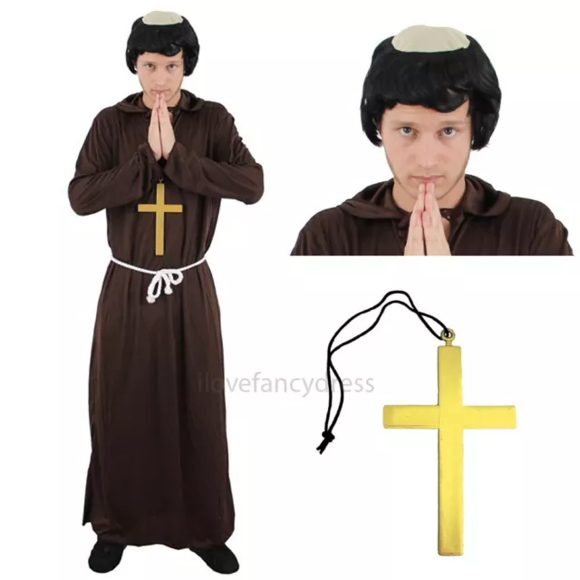 Monk Costume Robe Cross And Wig Fancy Dress Medieval Habit Friar Tuck Religious