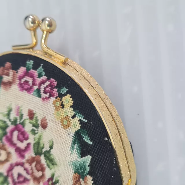 Vintage Tapestry Petit Point Coin Purse Change Pouch Needlework Handmade Floral 3