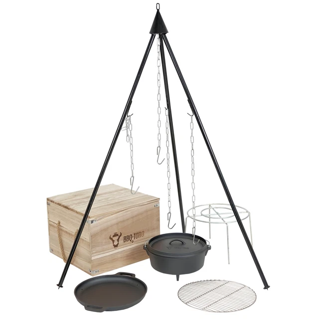 BBQ-Toro Dutch Oven Set in Holzkiste mit Grillrost Dreibein Plancha Topfständer