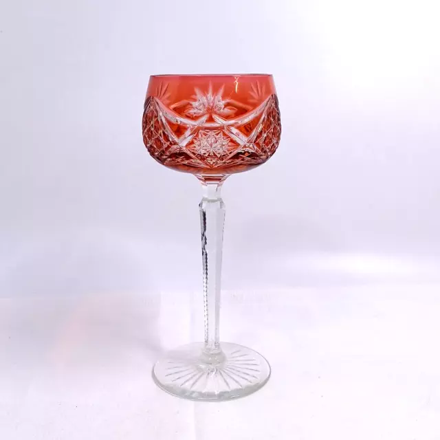 Vintage Bohemian Cranberry Crystal Cut to Clear Hock Wine Glass