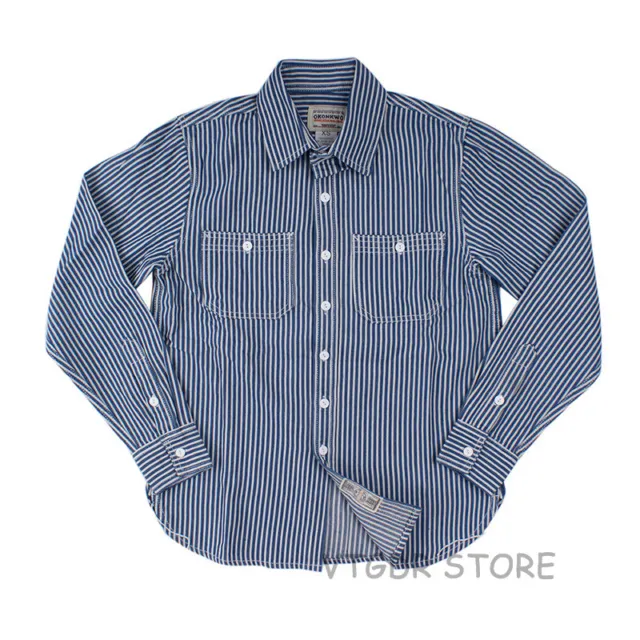 Vintage Striped Work Shirts For Men Fall Casual Railroad Retro Worker Shirt L XL