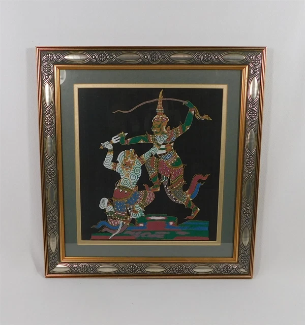 Vintage Painting On Silk Thai Asian Warriors Battling Wall Art Framed 16" Square