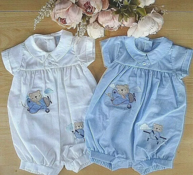 Baby Boy Teddy Romper Embroidered Traditional Blue White Spanish Style 0 3 6 9m