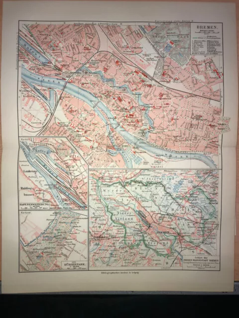 Original historischer Stadtplan Bremen 1908 Lithographie Deutschland