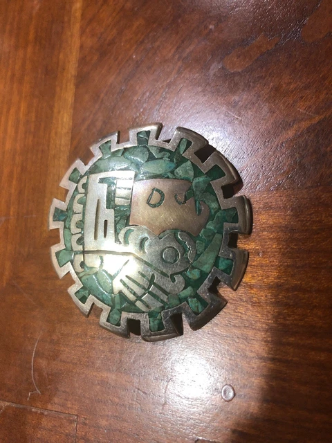 Amazing Sterling Silver Aztec Inlaid Pin/Brooch/Pendant- Mexico