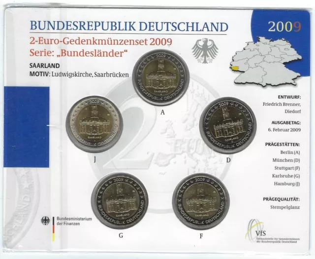 2 Euro Gedenkmünzenset 2009, Saarland, Ludwigskirche Saarbrücken, stempelglanz