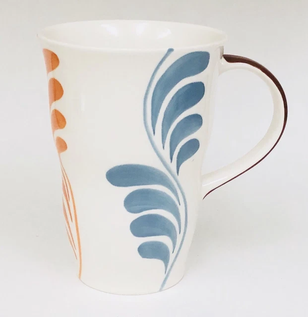 Pier 1 Imports Hand Painted Orange Brown Blue Feathers Stoneware Coffee Mug