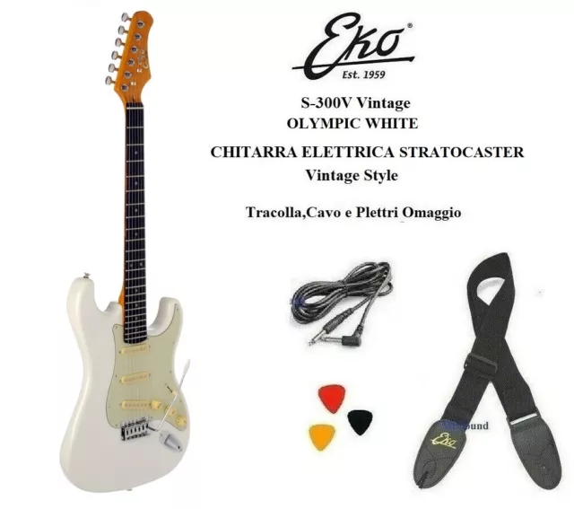 EKO S300V Vintage OLYMPIC WHITE Chitarra elettrica STRATOCASTER Tracolla + Cavo