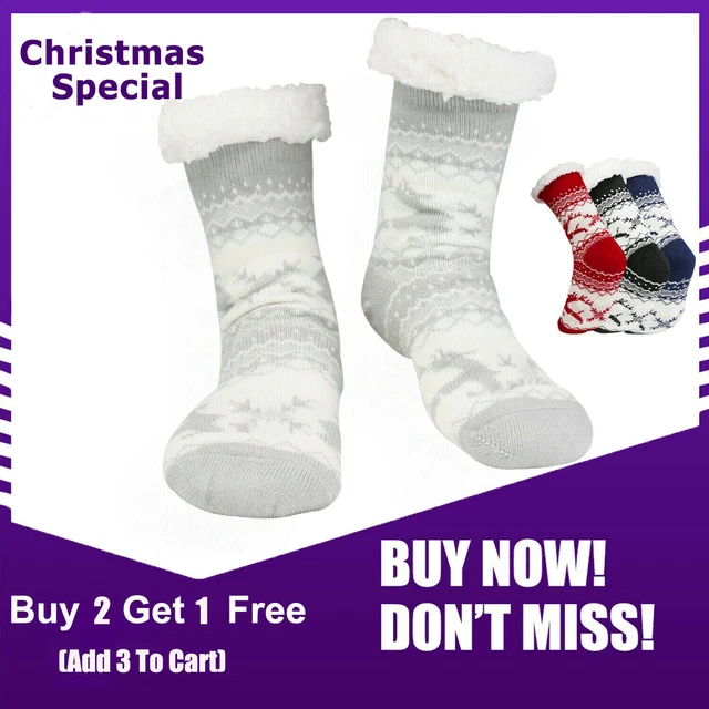 Mens Thick Sherpa Fur Lined Soft Knit Thermal Warm Winter w/ Grip Slipper Socks