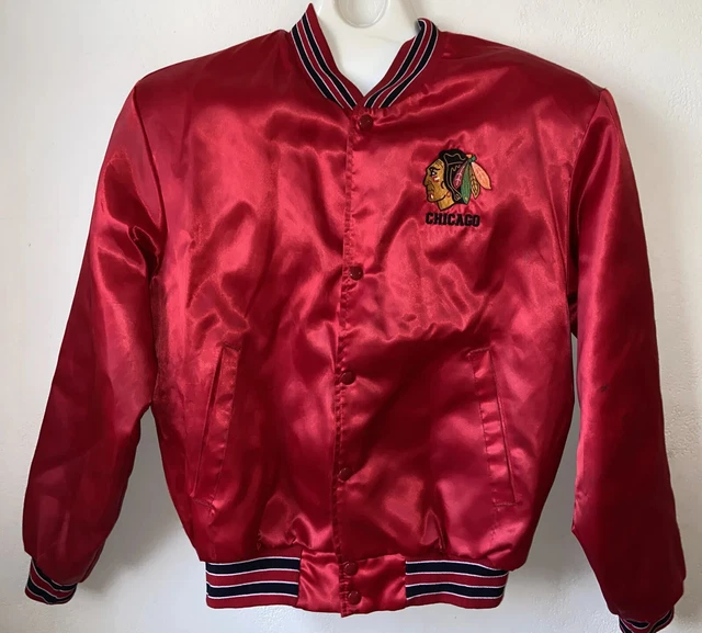 Vtg 80s CHICAGO BLACKHAWKS Swingster Made USA Satin Red Starter Jacket-L Vtg 80s CHICAGO BLACKHAWKS Swingster Made USA Satin Red Starter Jacket-L