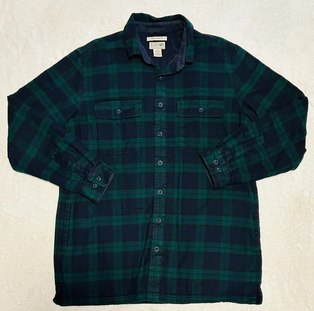 LL BEAN FLEECE Lined Blue/Green Plaid Flannel Shirt Jacket Mens Size L