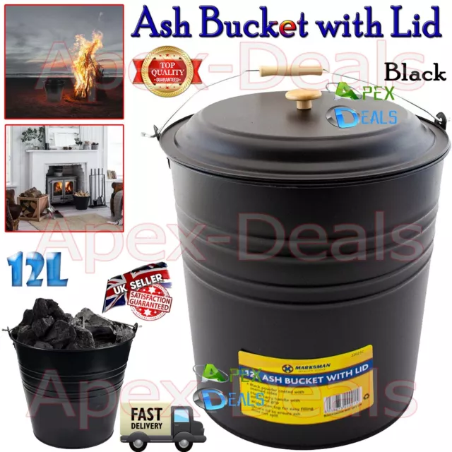 Metal Ash Bucket Fireside Storage Coal Bin Scuttle with Lid Fire Log - 12 Litres