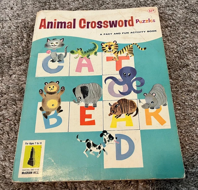 VINTAGE ANIMAL CROSSWORD Puzzles Fun Activity Book 1962 McGraw Hill USA