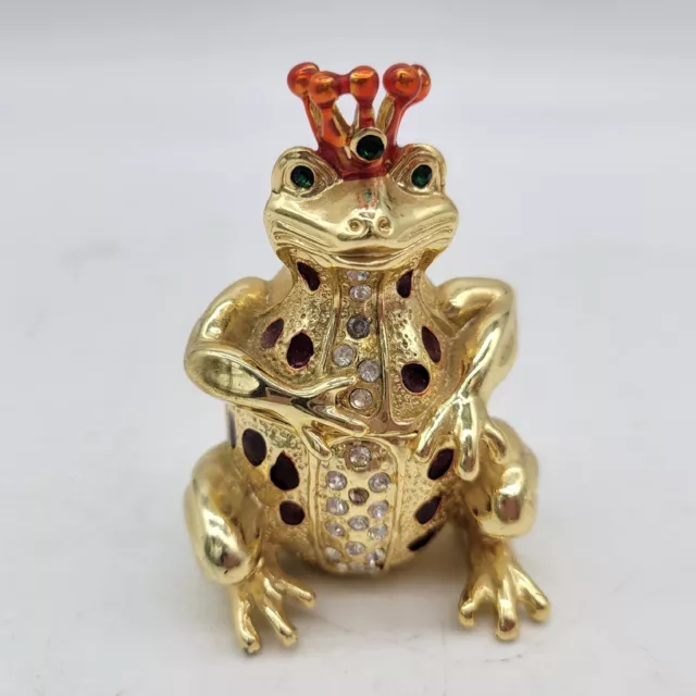 Jeweled Frog Prince TRINKET BOX Enamel & Brass Red Crown Green Inside Hinged