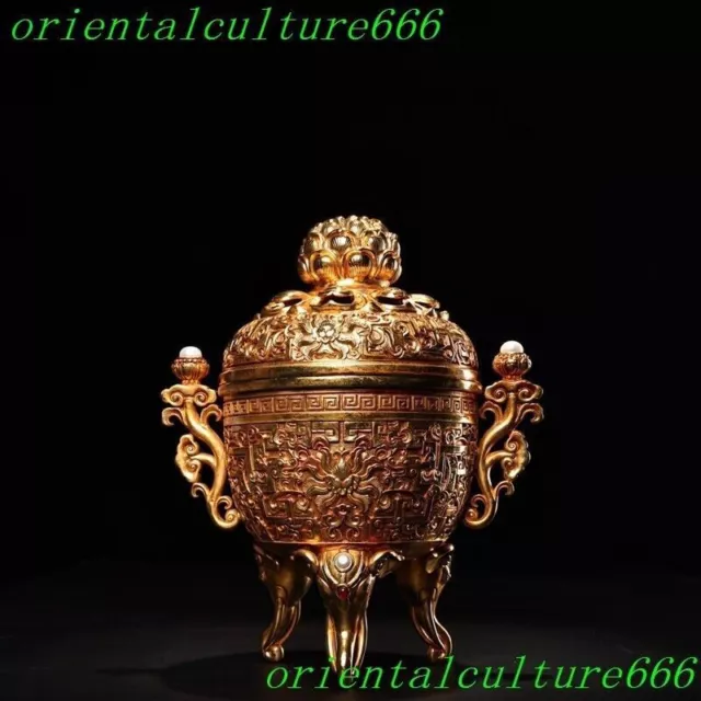 6.4"China bronze gilt Elephant head foot flowers pattern Incense burner Censer