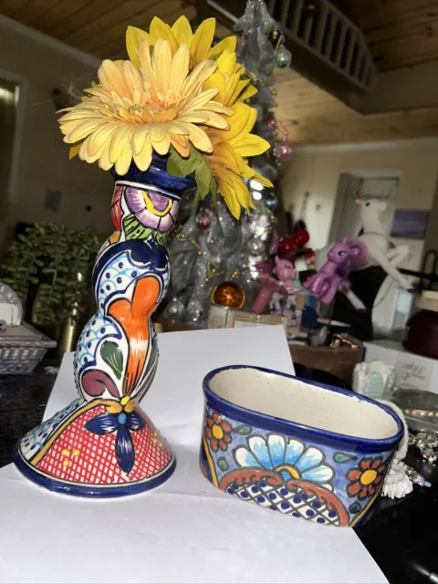 Mexican Alba Talavera Pottery Vase Candle Hand-Painted/Art Folk 9” w/planter