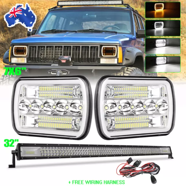 2pcs 7x6" LED Headlights + 32" Light Bar For Nissan Pickup Hardbody 240SX D21 NX