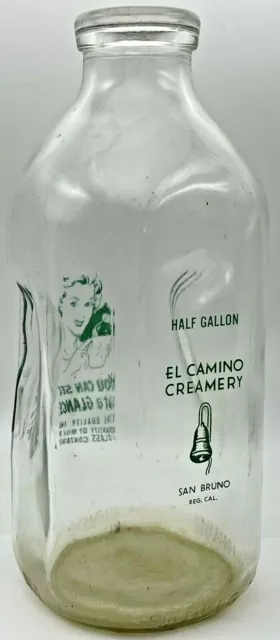 Vintage El Camino Creamery Dairy Glass Milk Bottle Half Gallon San Bruno Calif