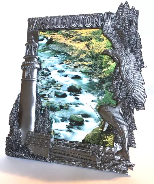 Metal 3D Washington State Picture Frame 5x7" Eagle Whale Ferry Lighthouse Silver
