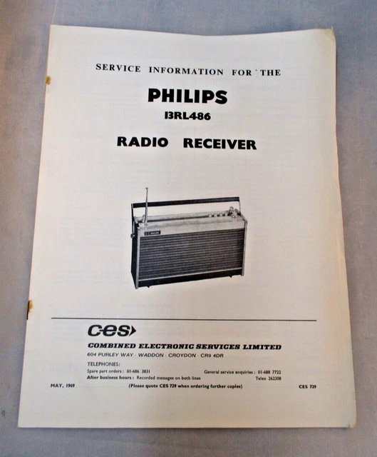 Vintage Philips Service Data Sheet Service Information - Radio Receiver 13RL486