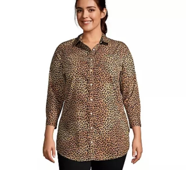 Lands End 18W 0X Two Tone Leopard Print Shirt No Iron Supima Cotton $72 Nwt