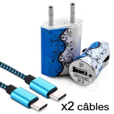 HF25 Chargeur 2 Câbles USB Type C pour Archos Access 50S Secteur Voiture 