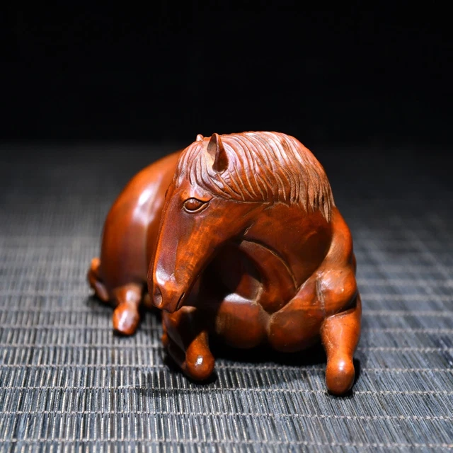 Chinese Natural Boxwood Hand carved Exquisite Crouching Horse Ornament Statues