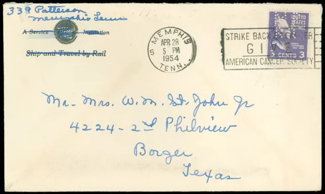 4/28/54 Memphis Tn Cds, Missouri Pacific Lines Railroad "Mprr" Perfin, Sc #807!