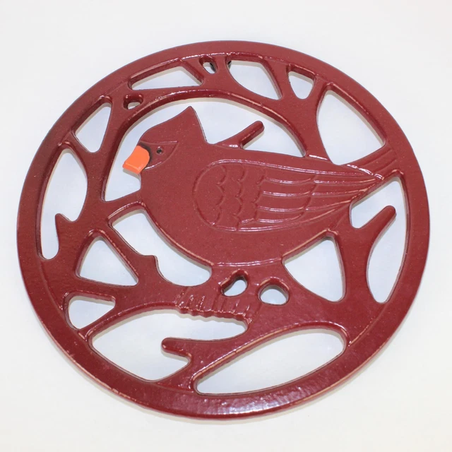 Yuletide Cardinal Bird Trivet Red Enamel Heavy Duty Cast Iron 8" Round