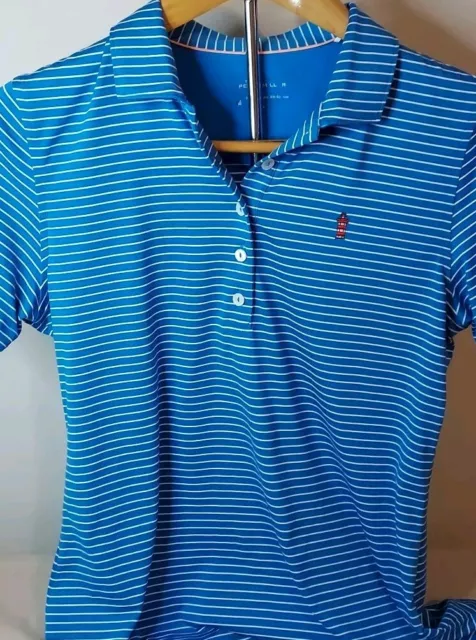 Peter Millar Polo Shirt Mens MBlue Stripe Lighthouse Logo Golf Tennis