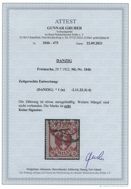 DANZIG / Gdansk: Nr. 104 b FARBE ! ECHT gestempelt, ATTEST  BPP   21-279