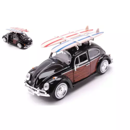 VW BEETLE W/SURFBOARD 1968 BLACK/BROWN 1:24 MotorMax Auto Stradali Die Cast