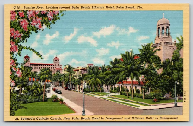 Palm Beach FL~Sunrise Avenue & Palm Beach Biltmore Hotel~Vintage Linen Postcard