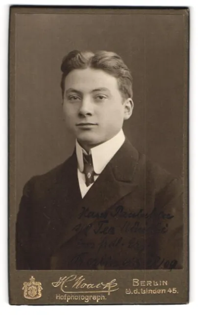 Photography H. Noack, Berlin-NW, Unter den Linden 45, young man in suit with K