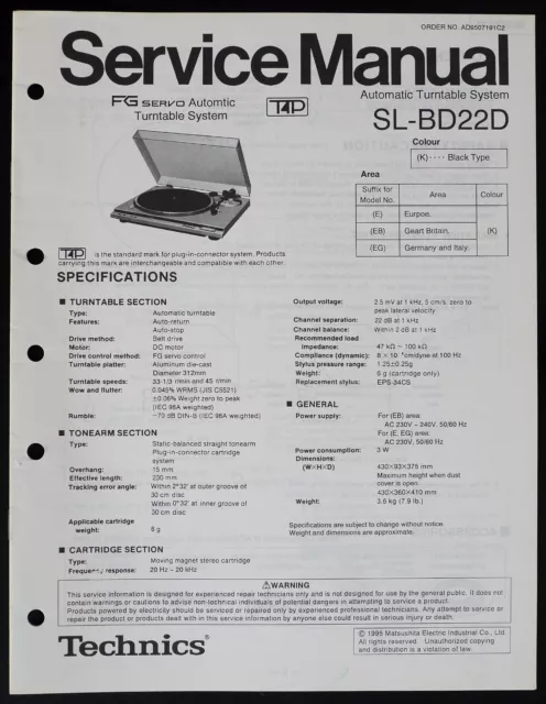 Original TECHNICS SL-BD22D Turntable Service Manual/Diagram/Parts List o216