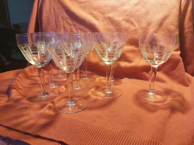 Rare Série De 9 Grands Verres Vin Cristal Taillé Art Déco 1930 1950