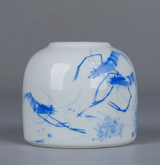 Blue white porcelain Old China pen wash Handmade Collection shrimp 3.14inch