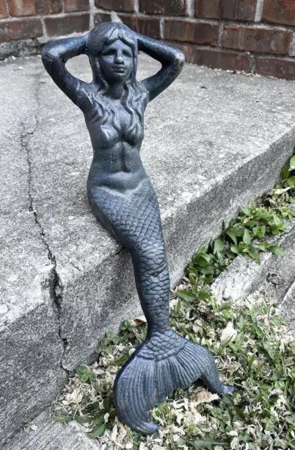 Sitting Mermaid Cast Iron Dark Blue Colored 17" Long Nautical Statue