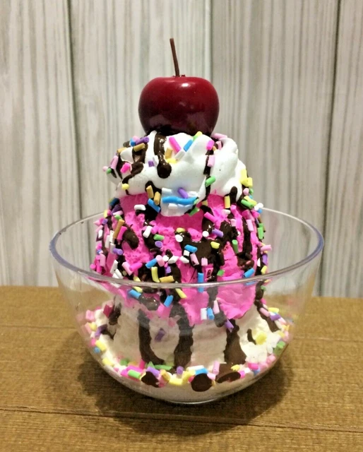 Fake Faux Strawberry & Vanilla Ice Cream Sundae Drizzle Sprinkle Tier Tray Decor