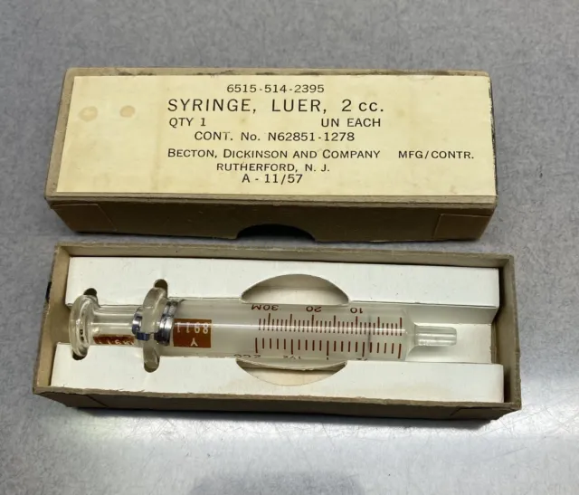 Vintage B-D Luer 2 CC Glass Syringe PROPERTY of US  reusable