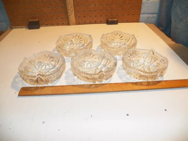 Vintage Set of 5 Clear Glass Berry Bowls; Cut Glass Pattern w/ Sawtooth Rim