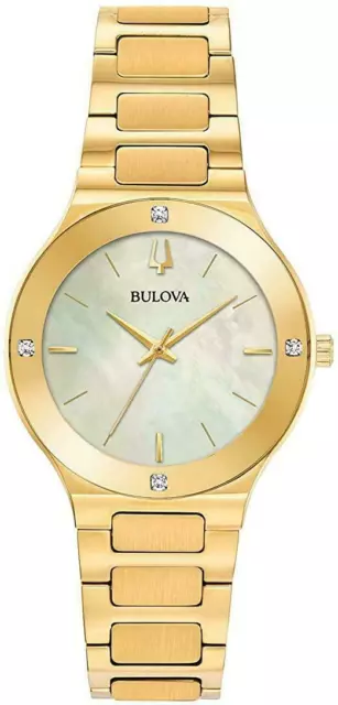 Bulova 97R102 Ladies Diamond Accent Gold Tone Stainless Steel Watch w/ MOP Dial