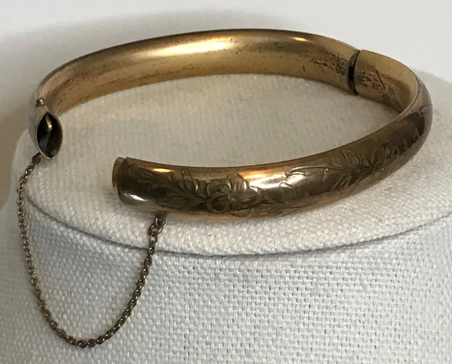 Vintage Copper/Brass Edwardian/Victorian Hinged Floral Etched Bracelet 2 1/2"