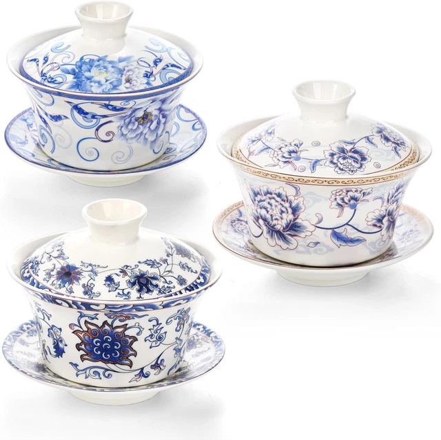 Set of 3 Chinese Tea Cups with Lid and Saucer - Handmade Porcelain Gaiwan Tea Mu